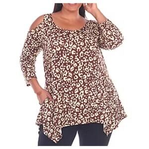 Sz 3x WHITE MARK Brown Animal Prnt Scoop Neck 3/4 Sleeve Cold Shoulder Tunic Top